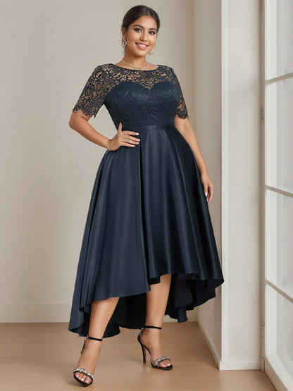 A-Line Princess Round Neck Short Sleeves Asymmetrical Plus Size Mother of the Bride Dress with Appliques