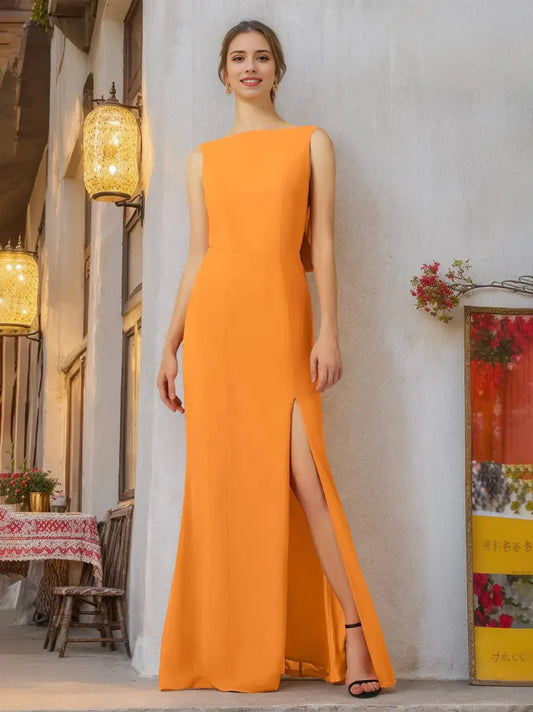A-Line Princess Round Neck Sleeveless Floor-Length Bridesmaid Dresses with Split Side