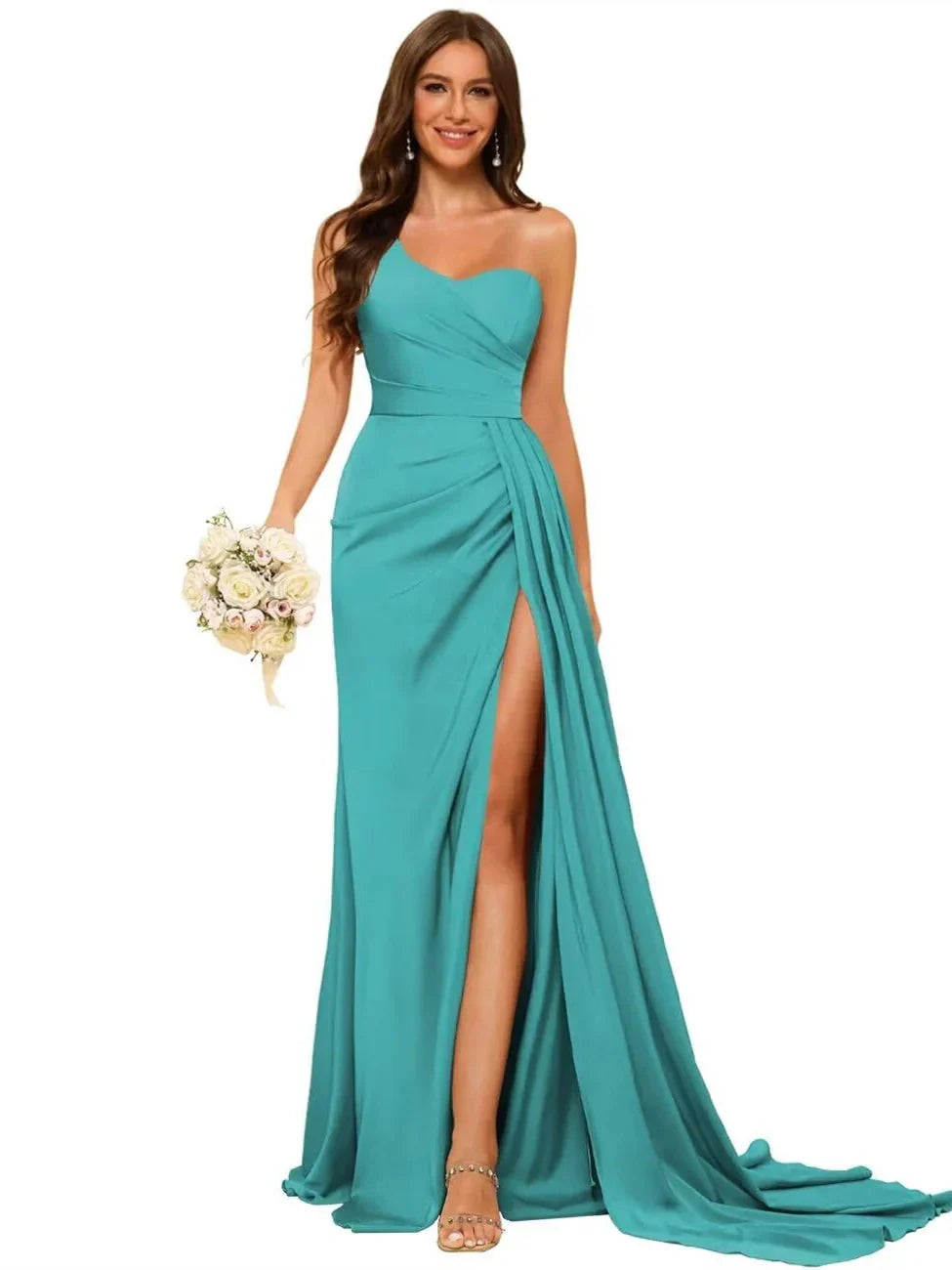 A-Line Princess Satin One-shoulder Sleeveless Floor-Length Bridesmaid Dresses