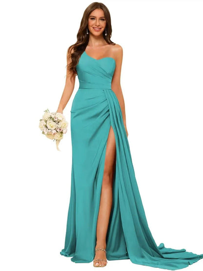 A-Line Princess Satin One-shoulder Sleeveless Floor-Length Bridesmaid Dresses