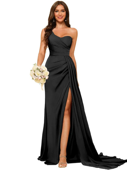 A-Line Princess Satin One-shoulder Sleeveless Floor-Length Bridesmaid Dresses
