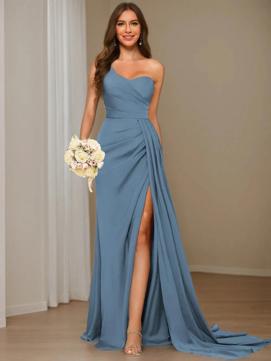 A-Line Princess Satin One-shoulder Sleeveless Floor-Length Bridesmaid Dresses
