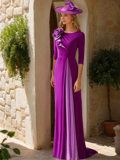 A-Line Princess Scoop 34 Sleeves Elegant Mother of the Bride & Groom Dresses with Ruffles & Flower