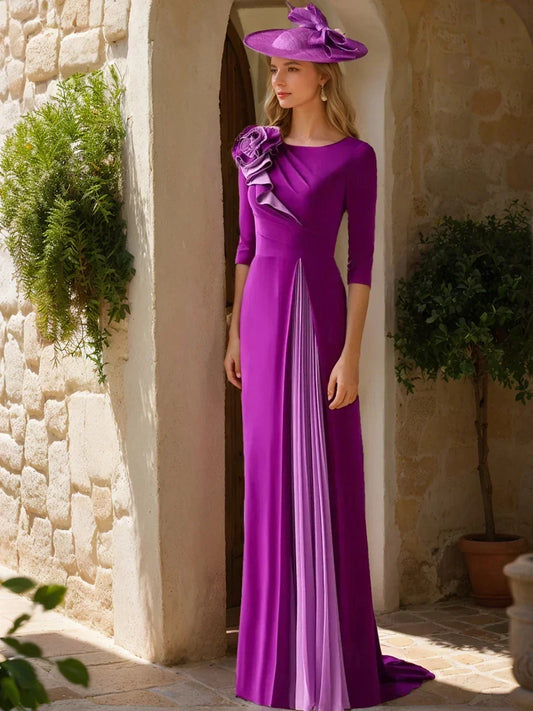 A-Line Princess Scoop 34 Sleeves Elegant Mother of the Bride & Groom Dresses with Ruffles & Flower