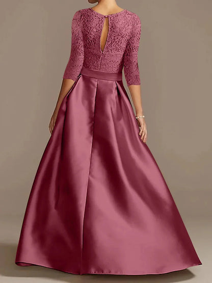 A-Line Princess Scoop Floor-Length Half Sleeves Mother of the Bride Dresses with Ruffles Bow(s)