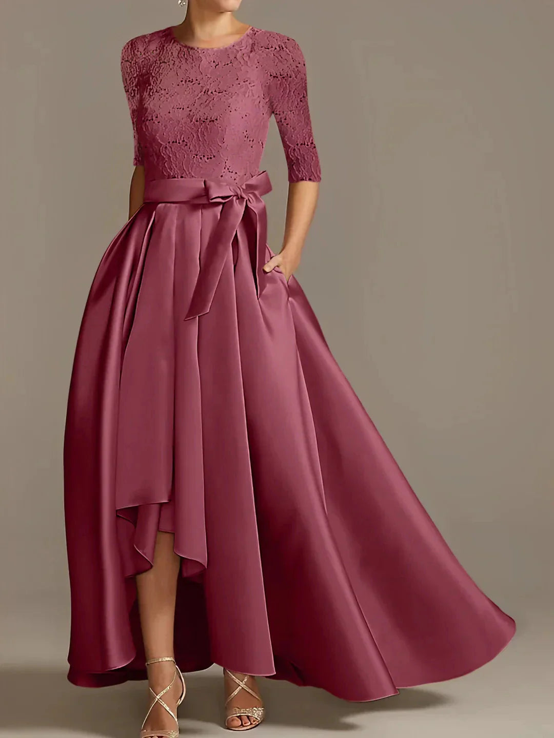 A-Line Princess Scoop Floor-Length Half Sleeves Mother of the Bride Dresses with Ruffles Bow(s)