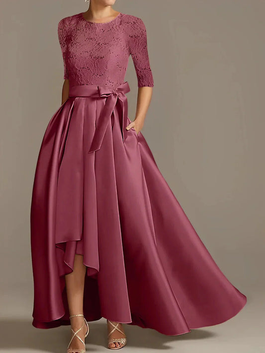 A-Line Princess Scoop Floor-Length Half Sleeves Mother of the Bride Dresses with Ruffles Bow(s)
