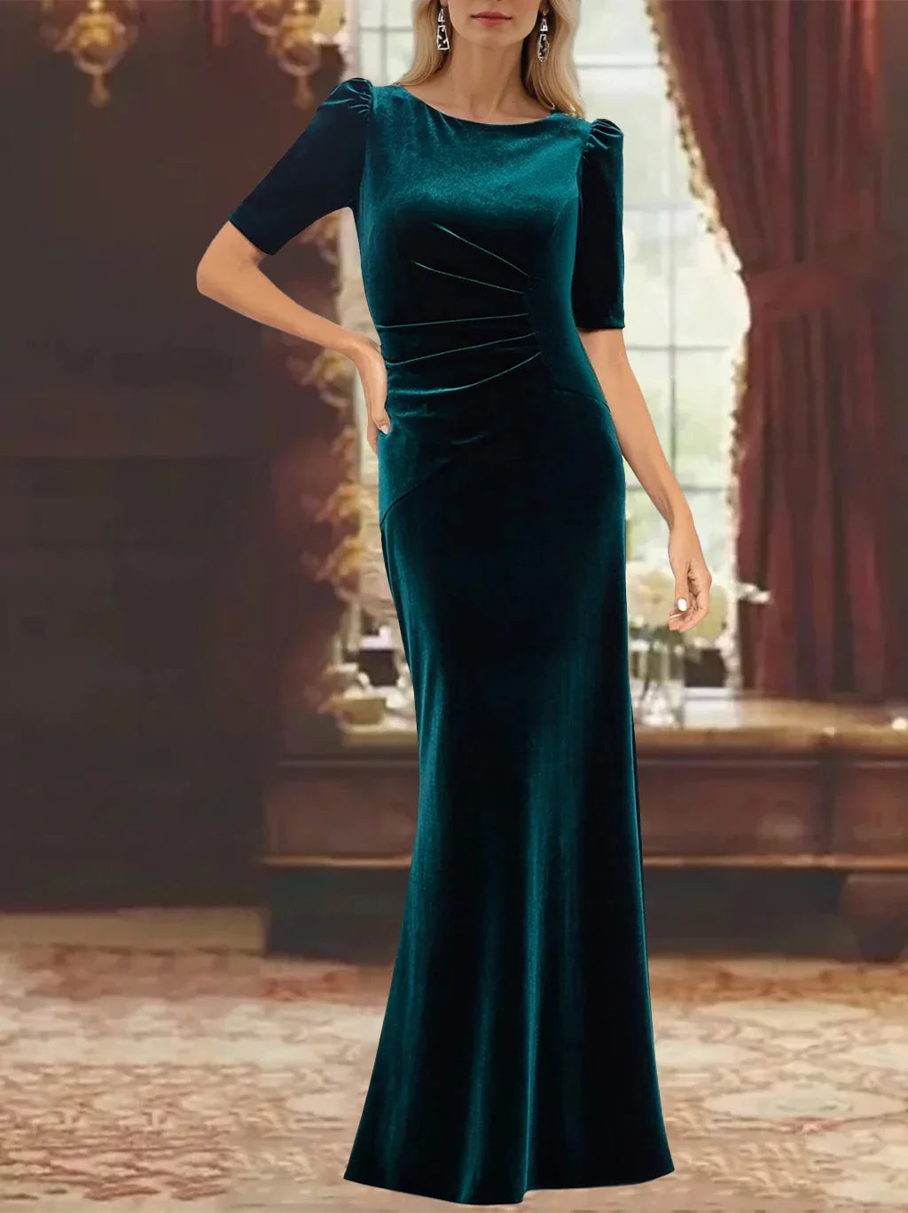 A-Line Princess Scoop Half Sleeves Ankle-Length Mother of the Bride Dresses with Ruffles