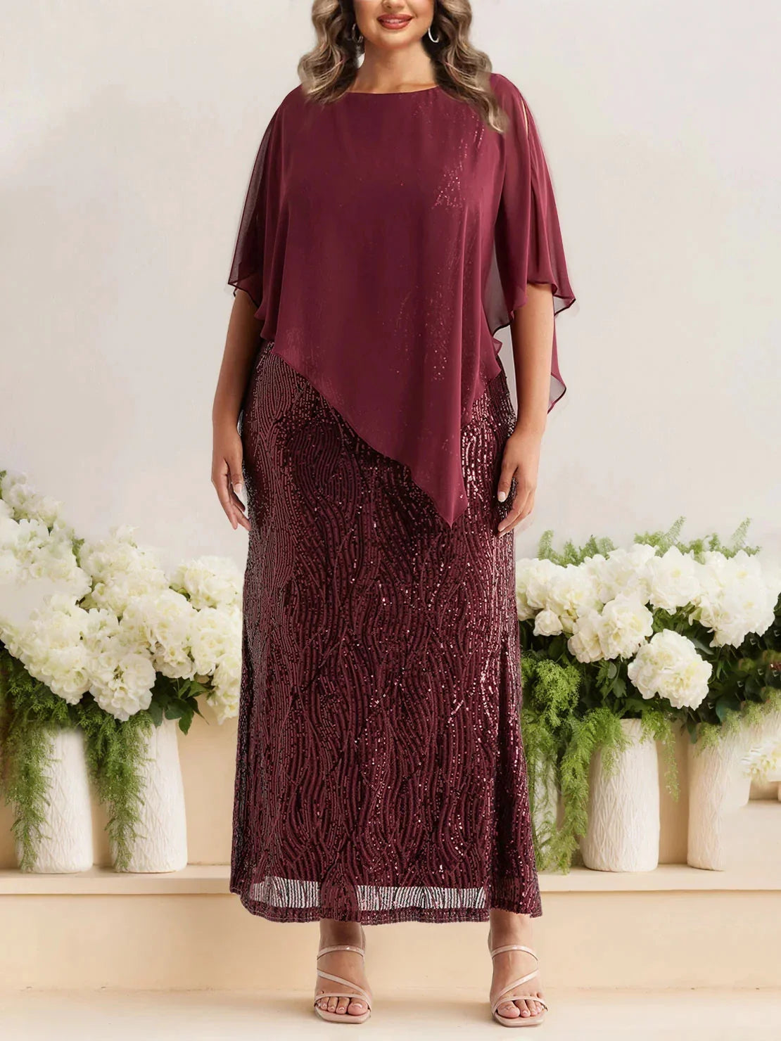 A-Line Princess Scoop Half Sleeves Ankle-Length Sequined Plus Size Mother of e Bride Dresses with Wrap