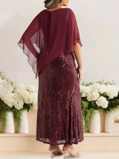 A-Line Princess Scoop Half Sleeves Ankle-Length Sequined Plus Size Mother of e Bride Dresses with Wrap