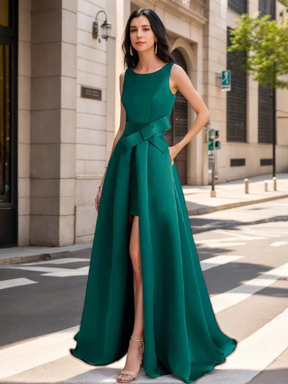 A-Line Princess Scoop Mother of the Bride Dresses with High Split & Bow