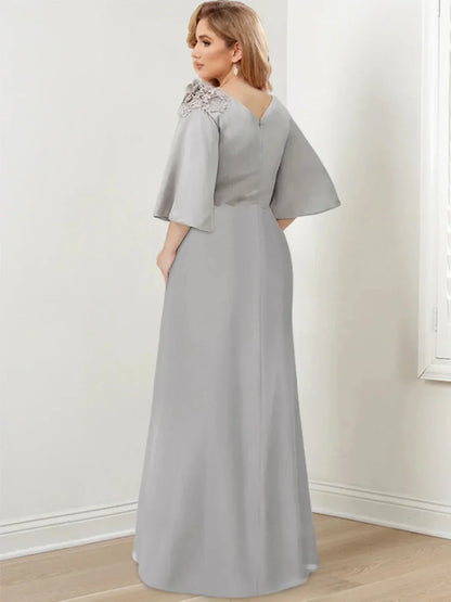 A-Line Princess Scoop Neck 34 Length Sleeves Floor-Length Mother of the Bride Dresses with Ruffles