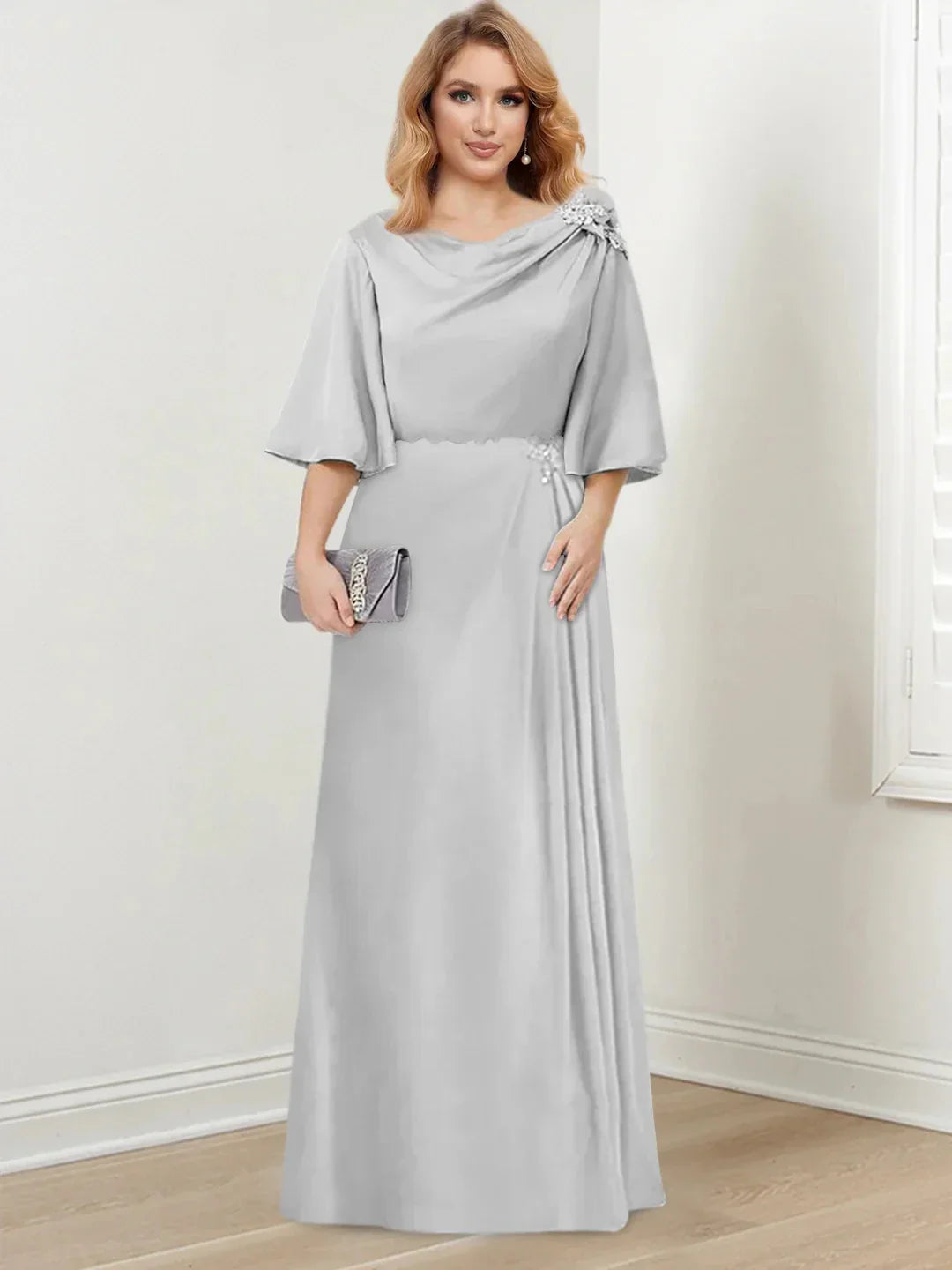 A-Line Princess Scoop Neck 34 Length Sleeves Floor-Length Mother of the Bride Dresses with Ruffles