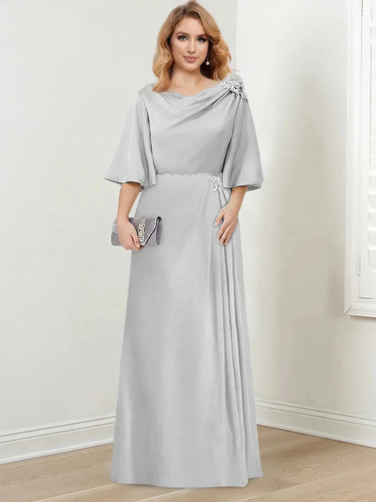 A-Line Princess Scoop Neck 34 Length Sleeves Floor-Length Mother of the Bride Dresses with Ruffles