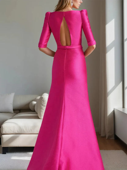 A-Line Princess Scoop Neck Half Sleeves Mother of the Bride Dresses with Bow Belt