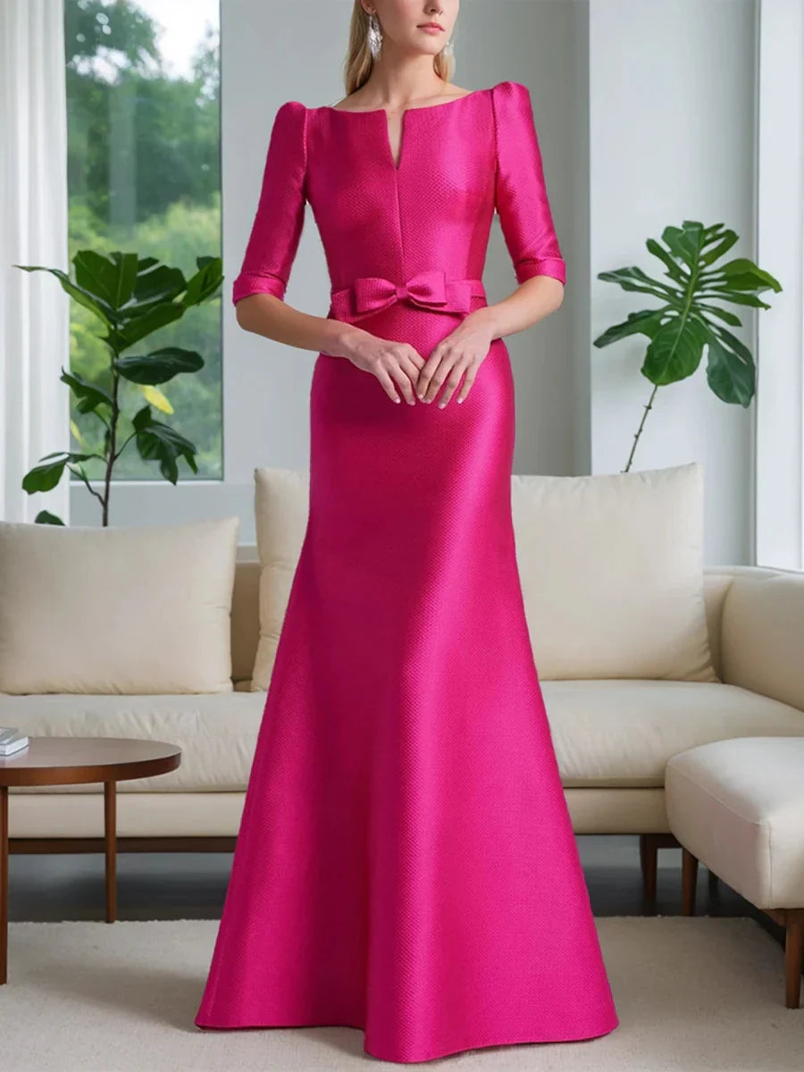 A-Line Princess Scoop Neck Half Sleeves Mother of the Bride Dresses with Bow Belt
