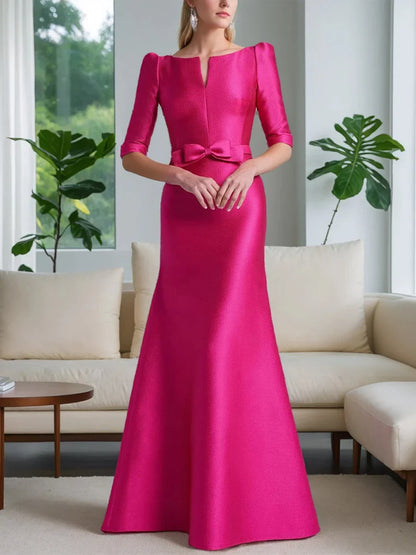 A-Line Princess Scoop Neck Half Sleeves Mother of the Bride Dresses with Bow Belt
