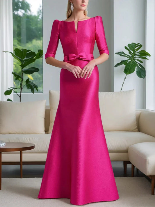 A-Line Princess Scoop Neck Half Sleeves Mother of the Bride Dresses with Bow Belt