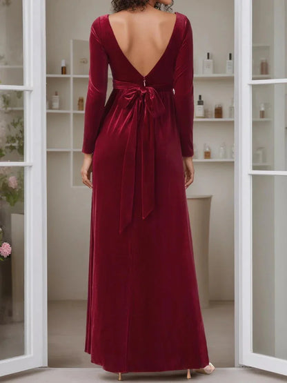 A-Line Princess Scoop Neck Long Sleeves Floor-Length Mother of the Bride Dresses with Ruffles