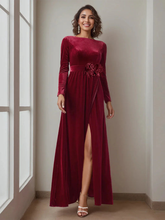 A-Line Princess Scoop Neck Long Sleeves Floor-Length Mother of the Bride Dresses with Ruffles