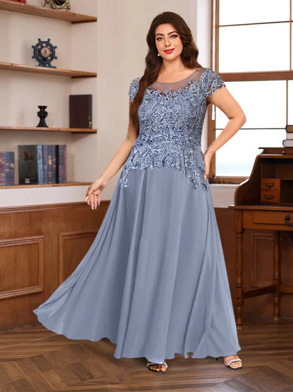 A-Line Princess Scoop Neck Short Sleeves Floor-Length Mother of the Bride Dresses with Appliques