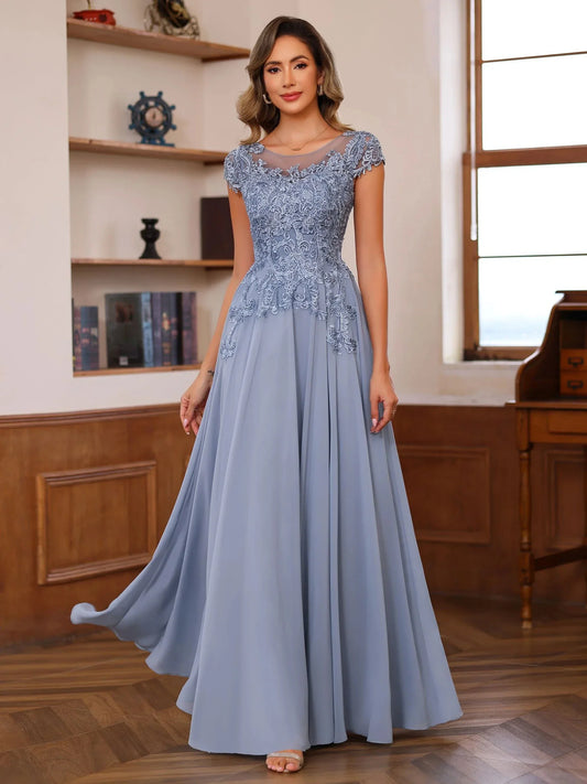 A-Line Princess Scoop Neck Short Sleeves Floor-Length Mother of the Bride Dresses with Appliques