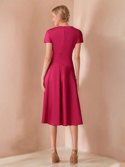 A-Line Princess Scoop Neck Short Sleeves Knee-Length Elegant Wedding Guest Dress with Ruched