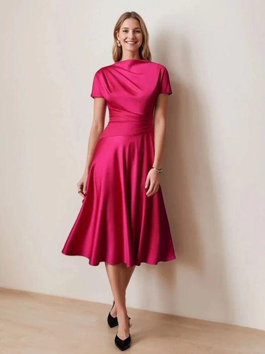 A-Line Princess Scoop Neck Short Sleeves Knee-Length Elegant Wedding Guest Dress with Ruched