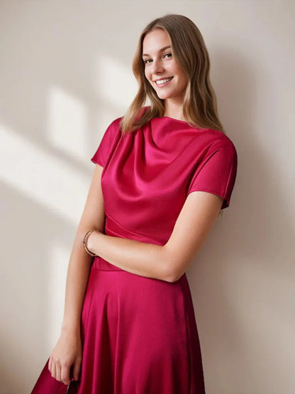 A-Line Princess Scoop Neck Short Sleeves Knee-Length Elegant Wedding Guest Dress with Ruched
