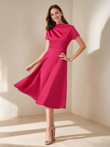 A-Line Princess Scoop Neck Short Sleeves Knee-Length Elegant Wedding Guest Dress with Ruched