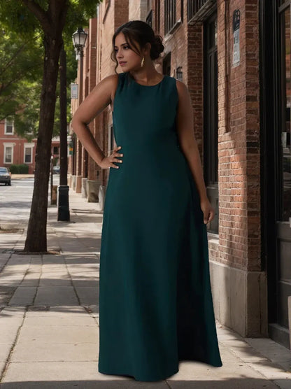 A-Line Princess Scoop Neck Sleeveless Floor-Length Plus Size Bridesmaid Dress