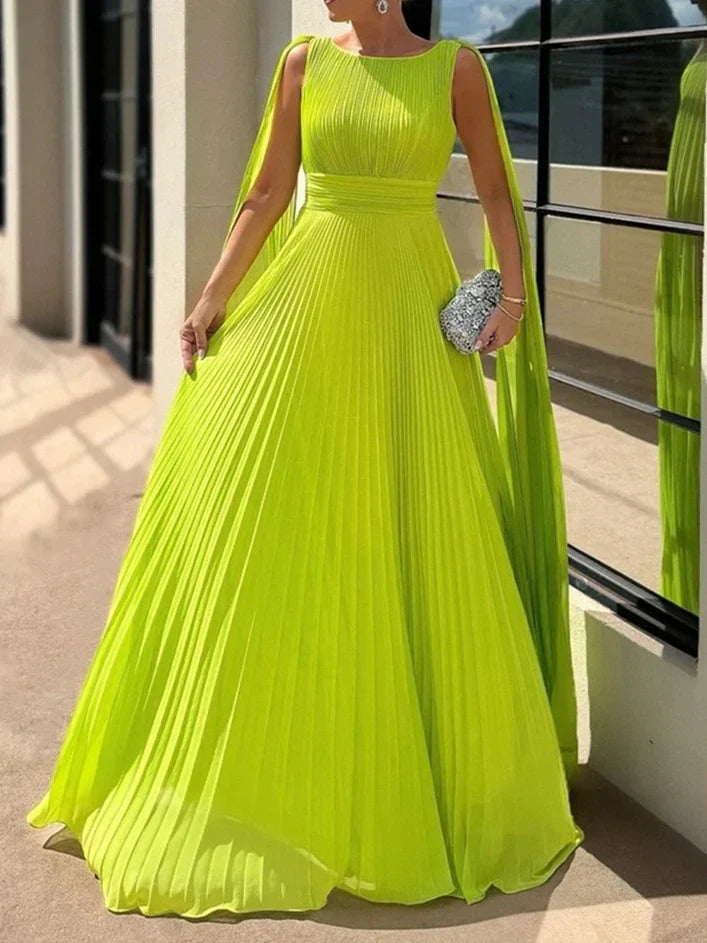 A-Line Princess Scoop Neck Sleeveless Floor-Length Ruched Evening Dresses