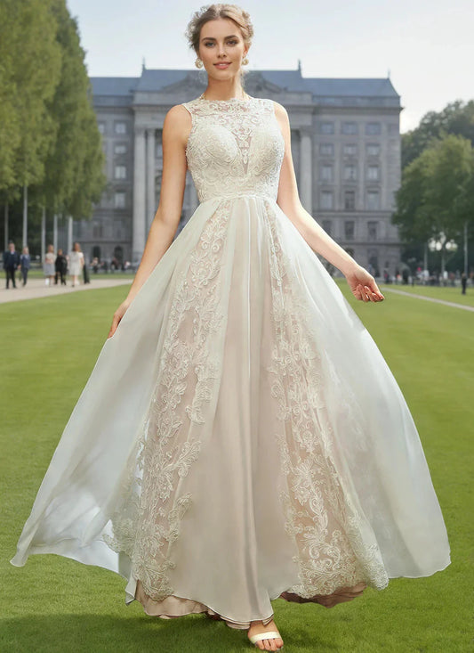 A-Line Princess Scoop Neck Sleeveless Floor-length Tulle Wedding Dress with Appliques & Lace