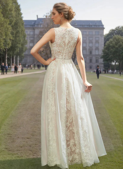 A-Line Princess Scoop Neck Sleeveless Floor-length Tulle Wedding Dress with Appliques & Lace