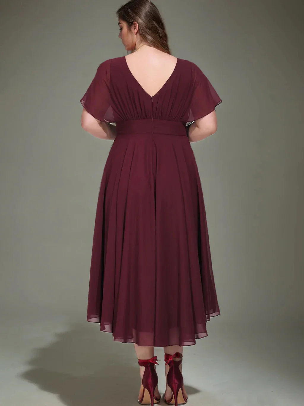 A-Line Princess Scoop Short Sleeves Asymmetrical Plus Size Bridesmaid Dresses with Ruffles
