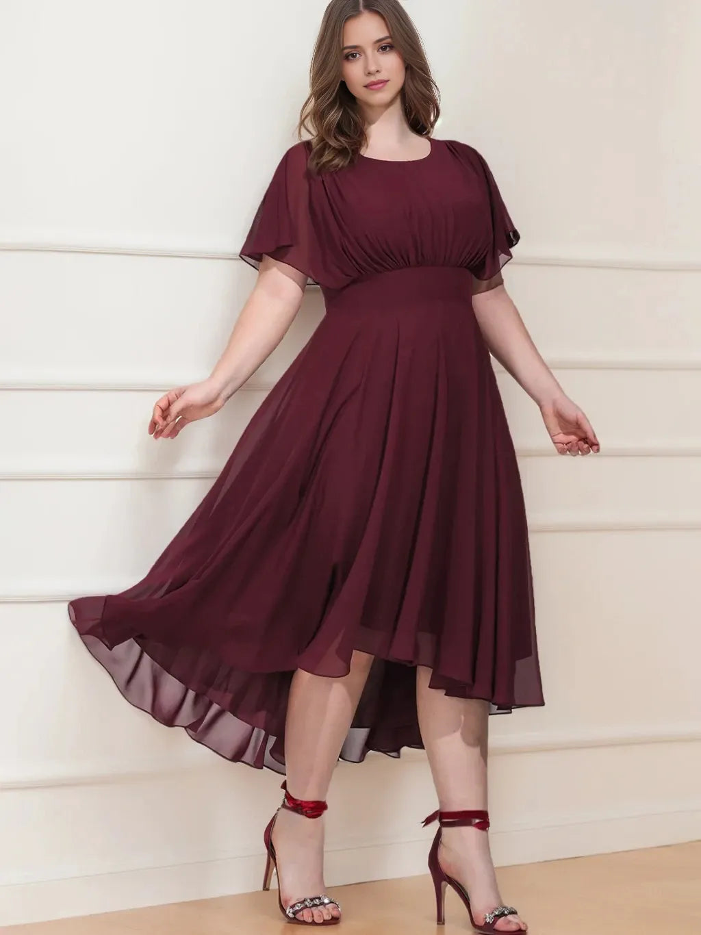 A-Line Princess Scoop Short Sleeves Asymmetrical Plus Size Bridesmaid Dresses with Ruffles