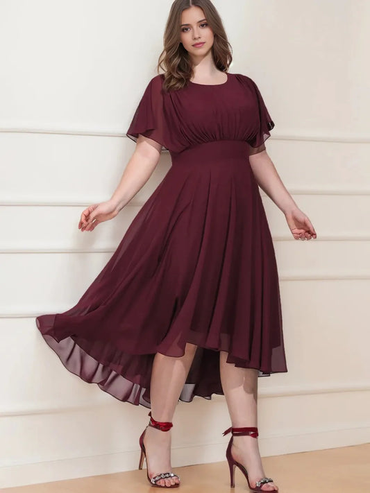 A-Line Princess Scoop Short Sleeves Asymmetrical Plus Size Bridesmaid Dresses with Ruffles