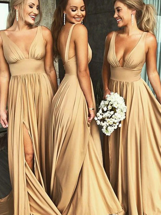 A-Line Princess Sexy Plunge V-Neck Sleeveless Floor-Length Pleated Bridesmaid Dresses with Slit