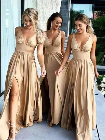 A-Line Princess Sexy Plunge V-Neck Sleeveless Floor-Length Pleated Bridesmaid Dresses with Slit