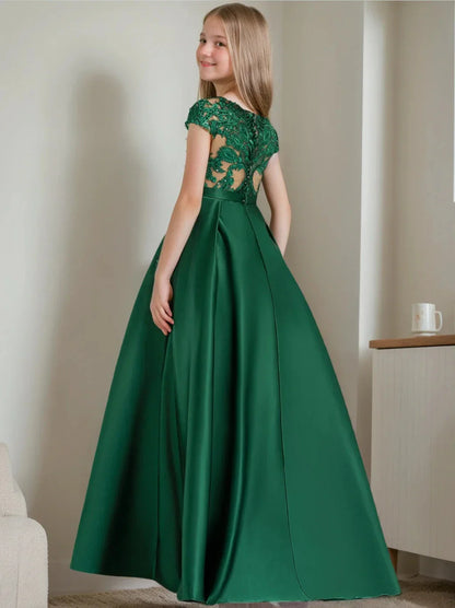 A-Line Princess Short Sleeves Lace Junior Bridesmaid Dresses with Appliques