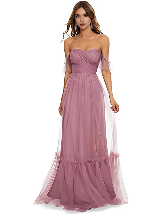 A-Line Princess Sleeveless Off-the-Shoulder Floor-Length Bridesmaid Dresses