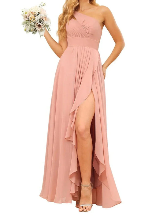 A-Line Princess Sleeveless One Shoulder Floor-Length Bridesmaid Dresses