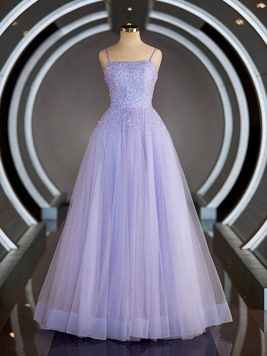 A-Line/Princess Sleeveless Spaghetti Straps Floor-Length Tulle Prom Dresses With Beading