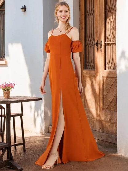 A-Line Princess Spaghetti Straps Floor-Length Bridesmaid Dresses with Split Side