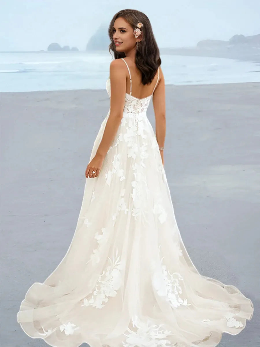 A-Line Princess Spaghetti Straps Floor-Length Wedding Dress with Applique