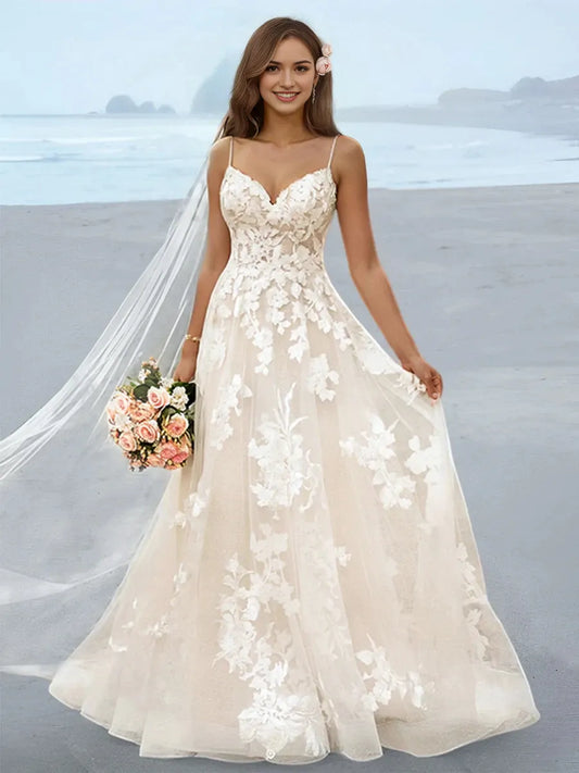 A-Line Princess Spaghetti Straps Floor-Length Wedding Dress with Applique