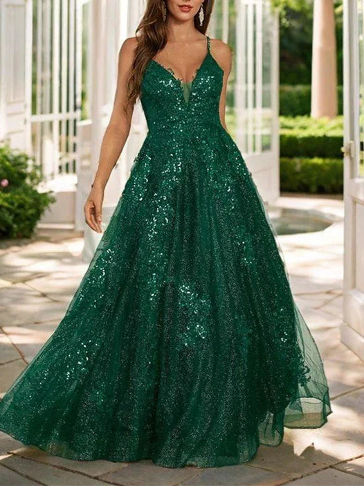 A-Line Princess Spaghetti Straps Floor-length Long Prom Dresses