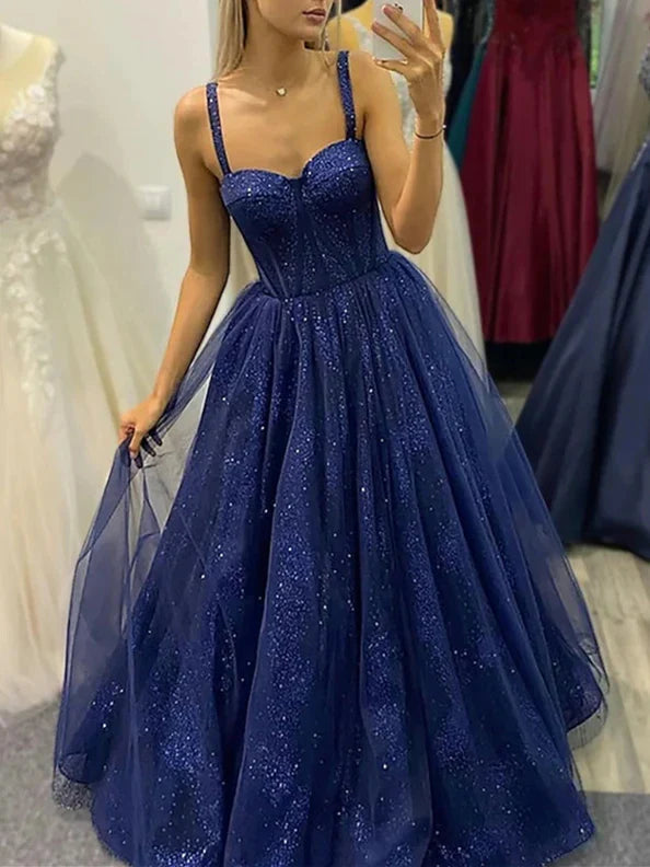 A-Line Princess Spaghetti Straps Floor-length Long Prom Dresses