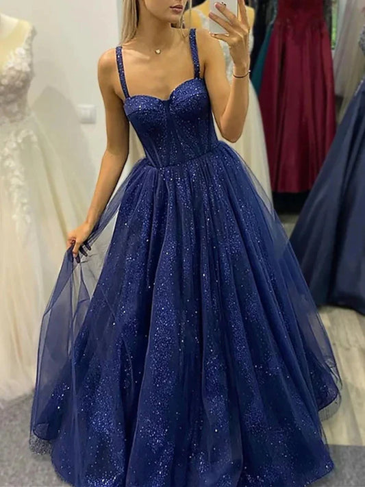 A-Line Princess Spaghetti Straps Floor-length Long Prom Dresses