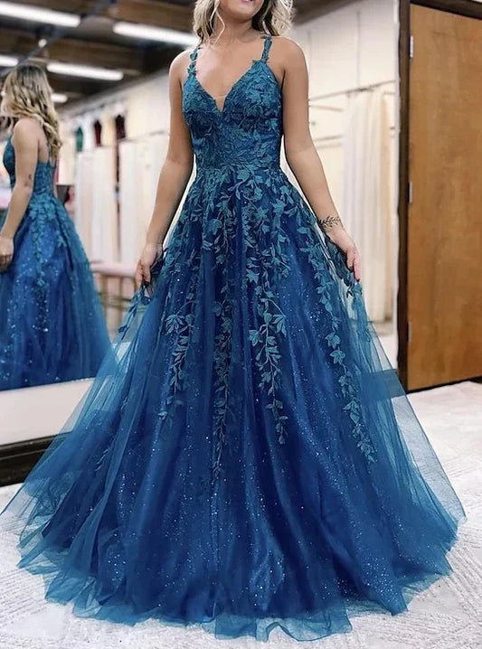 A-Line Princess Spaghetti Straps Floor-length Long Prom Dresses